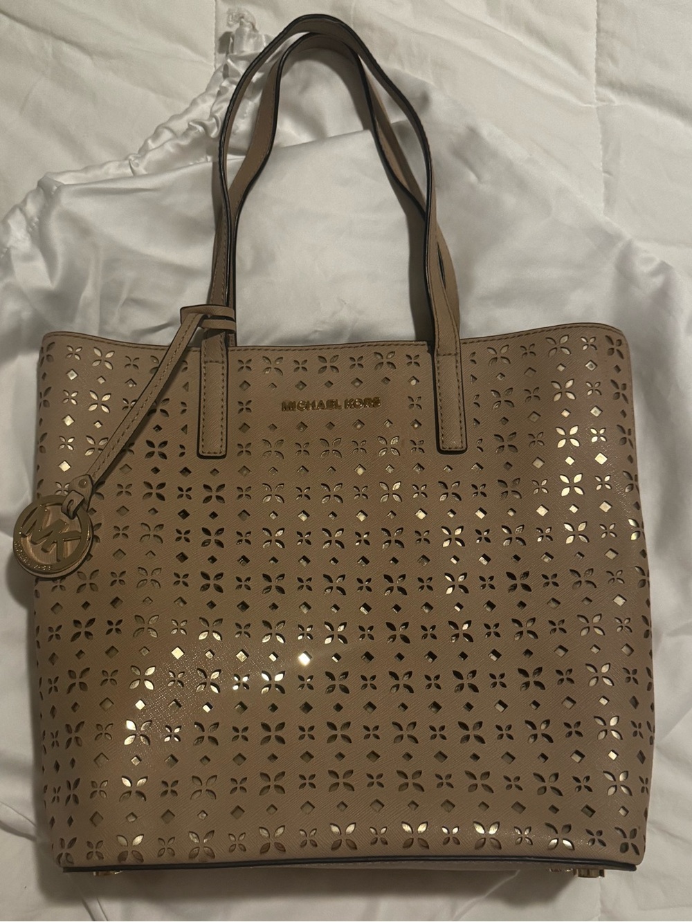 Michael Kors Taupe Perforated Leather Tote with Gold Logo Charm